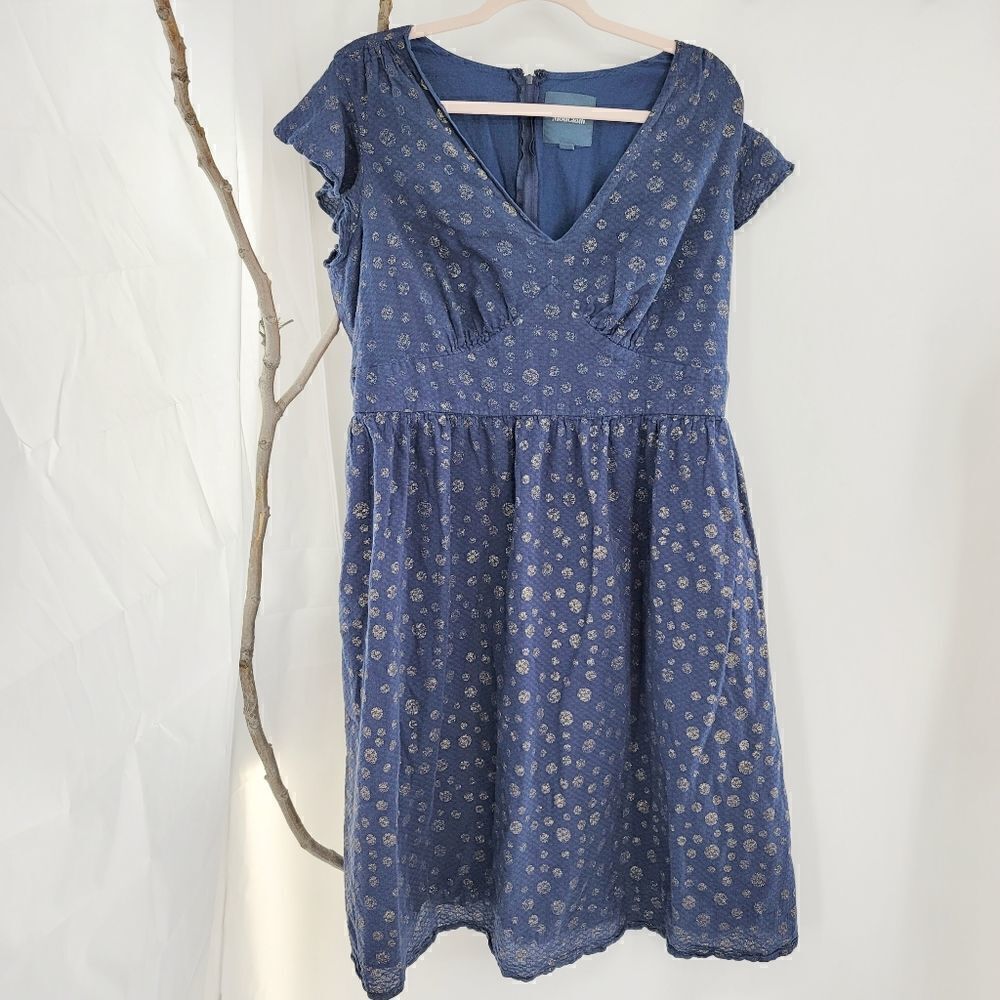 Modcloth blue baby doll dress flutter sleeve with gold polka dots 2X